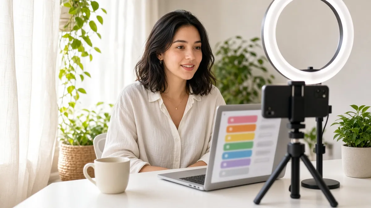 A creator filming a phone video beside a link-in-bio page on a laptop