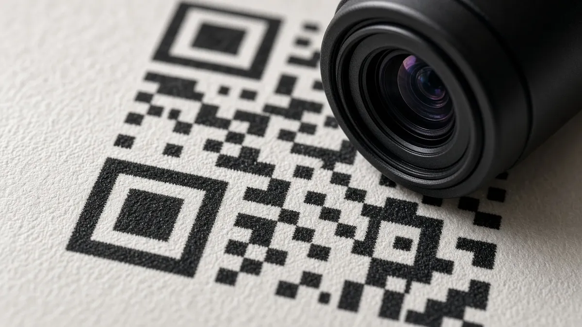 Close-up of a printed QR code under a phone camera