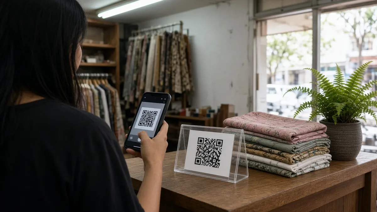A customer scanning a QR tent card on a Malaysian shop counter