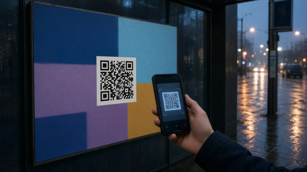 A person scanning a QR code on a street poster