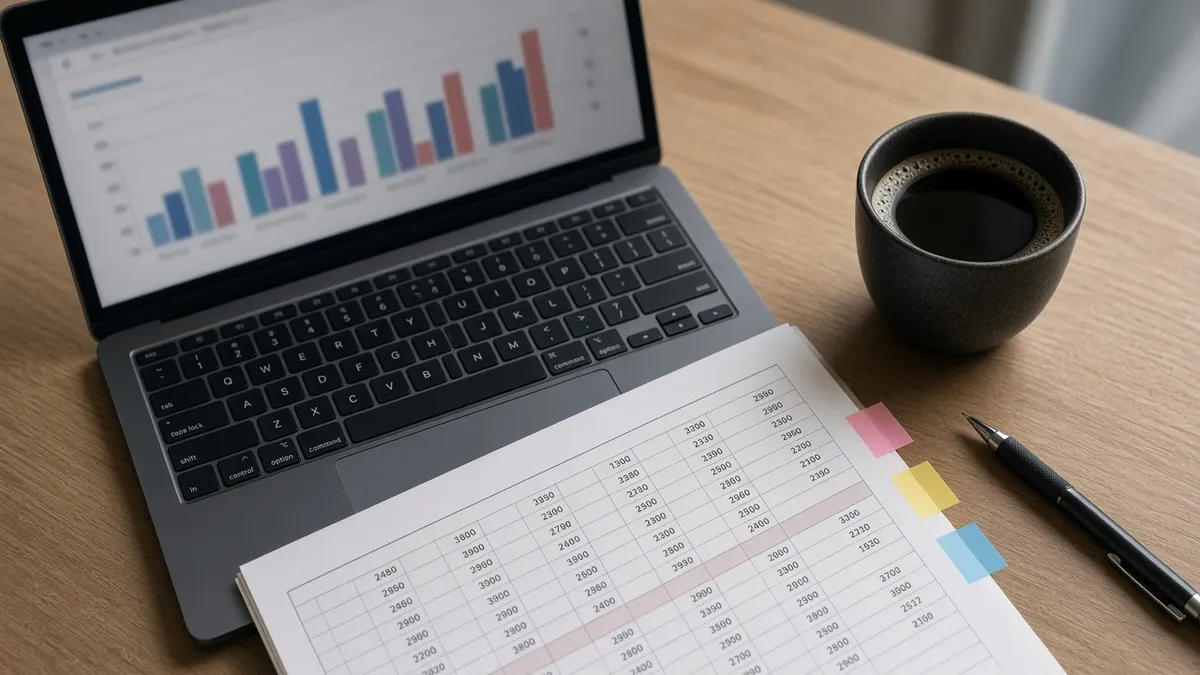 A marketing desk with a laptop showing campaign analytics
