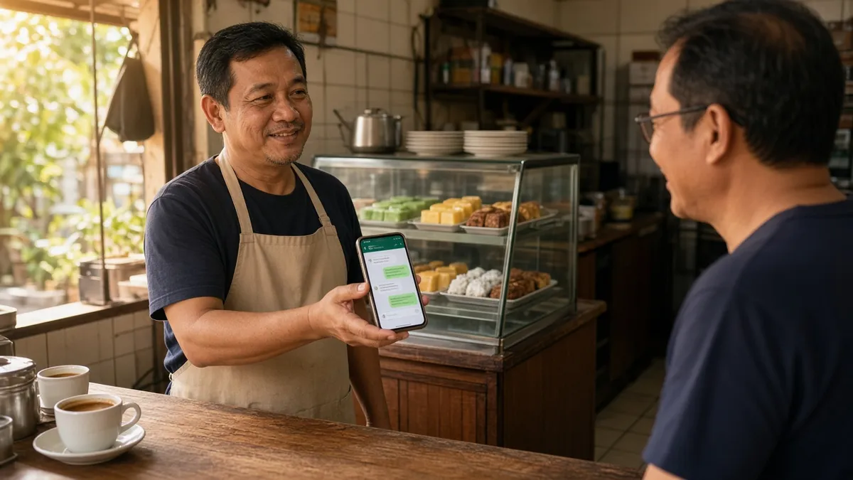 A Malaysian shop owner checking a WhatsApp chat at the counter